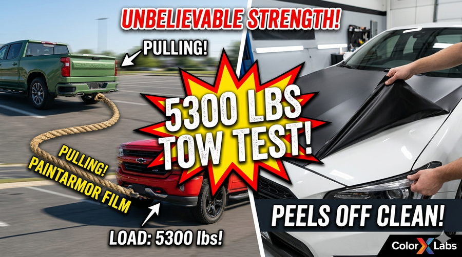 RuggedWrap vinyl film being used as a tow rope to pull a 5,300lb Chevrolet Silverado across a parking lot — demonstrating the extreme tensile strength and durability of Color X Labs' removable automotive wrap film
