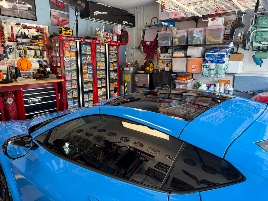 Mr. C.’s finished C8 Corvette transparent roof side-wrap project in Rapid Blue (GM WA632D) Color Match Wrap