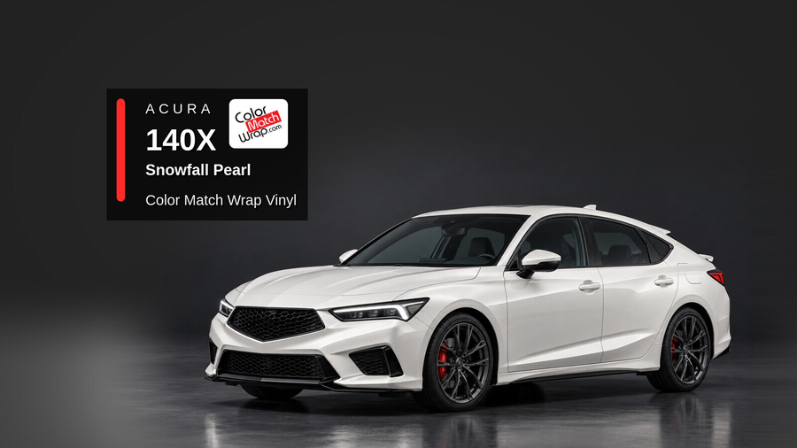 Illustrative Integra-inspired liftback in Acura 140X Snowfall Pearl with Color Match Wrap branding