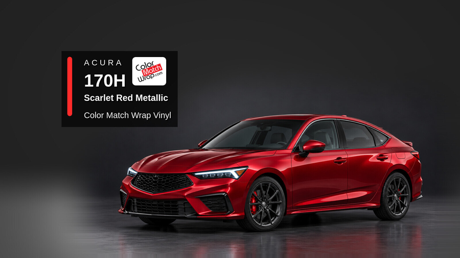 Illustrative Integra-inspired liftback in Acura 170H Scarlet Red Metallic with Color Match Wrap branding