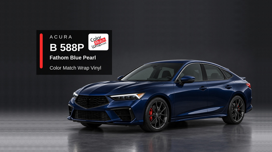 Illustrative Integra-inspired liftback in Acura B 588P Fathom Blue Pearl with Color Match Wrap branding