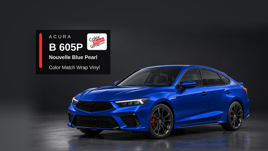 Illustrative Integra-inspired liftback in Acura B 605P Nouvelle Blue Pearl with Color Match Wrap branding