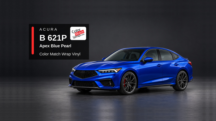 Illustrative Integra-inspired liftback in Acura B 621P Apex Blue Pearl with Color Match Wrap branding