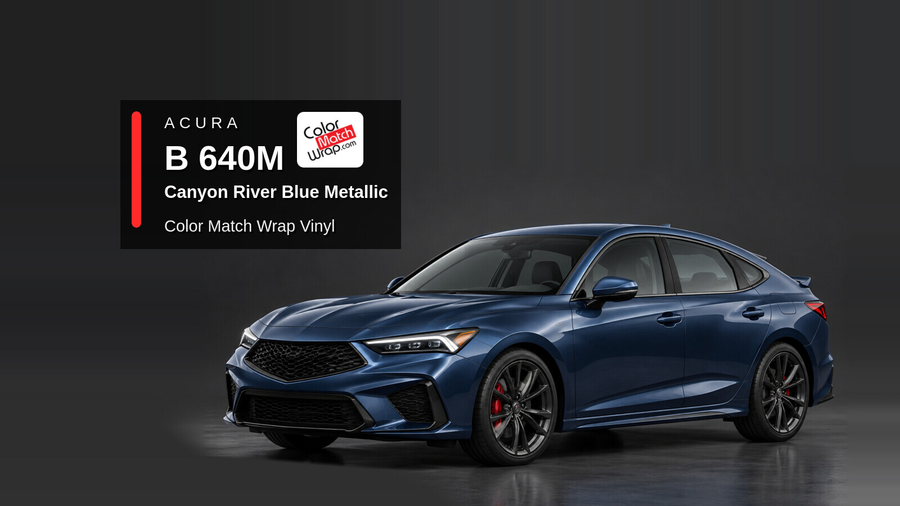 Illustrative Integra-inspired liftback in Acura B 640M Canyon River Blue Metallic with Color Match Wrap branding
