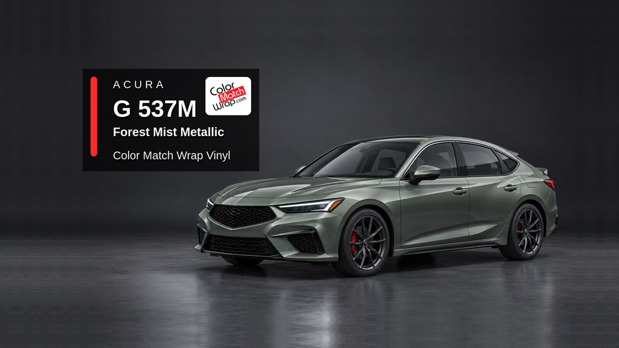 Illustrative Integra-inspired liftback in Acura G 537M Forest Mist Metallic with Color Match Wrap branding