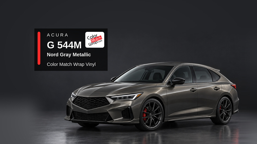 Illustrative Integra-inspired liftback in Acura G 544M Nord Gray Metallic with Color Match Wrap branding