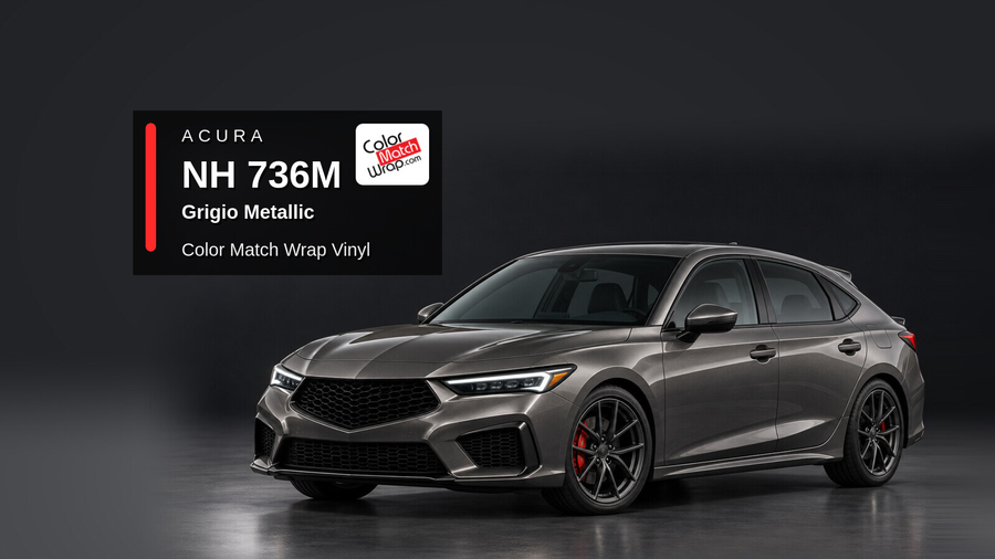 Illustrative Integra-inspired liftback in Acura NH 736M Grigio Metallic with Color Match Wrap branding