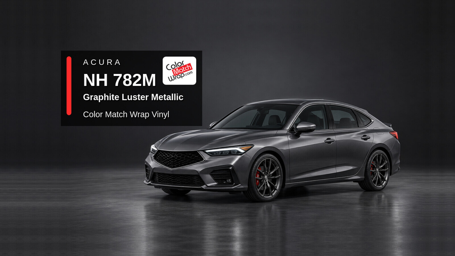Illustrative Integra-inspired liftback in Acura NH 782M Graphite Luster Metallic with Color Match Wrap branding
