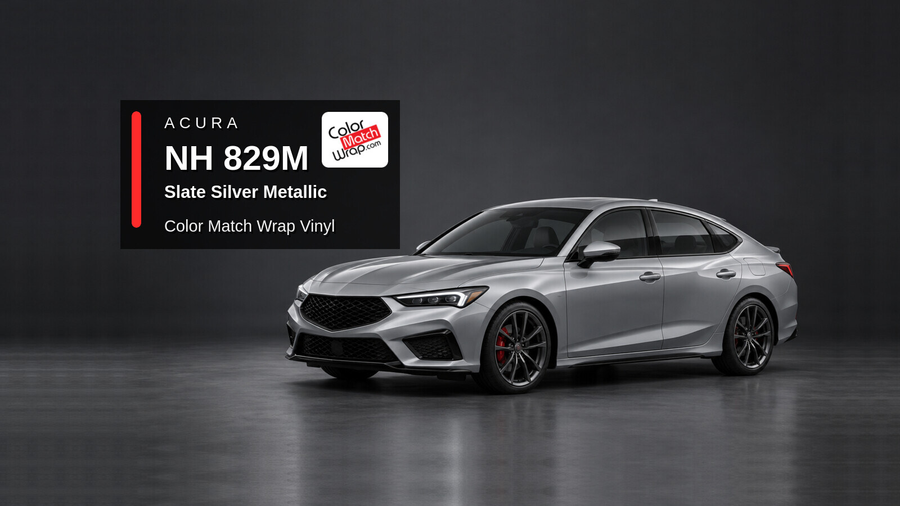 Illustrative Integra-inspired liftback in Acura NH 829M Slate Silver Metallic with Color Match Wrap branding