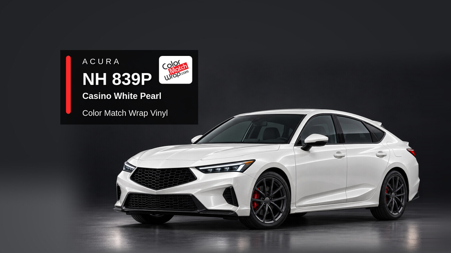 Illustrative Integra-inspired liftback in Acura NH 839P Casino White Pearl with Color Match Wrap branding