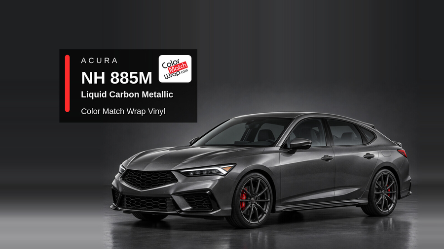 Illustrative Integra-inspired liftback in Acura NH 885M Liquid Carbon Metallic with Color Match Wrap branding