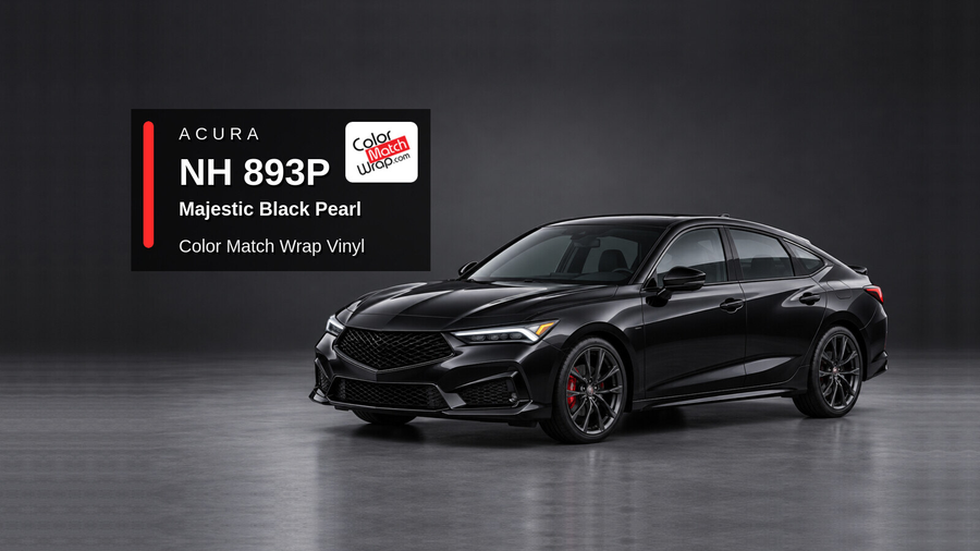 Illustrative Integra-inspired liftback in Acura NH 893P Majestic Black Pearl with Color Match Wrap branding