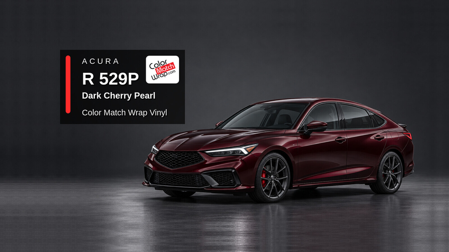 Illustrative Integra-inspired liftback in Acura R 529P Dark Cherry Pearl with Color Match Wrap branding
