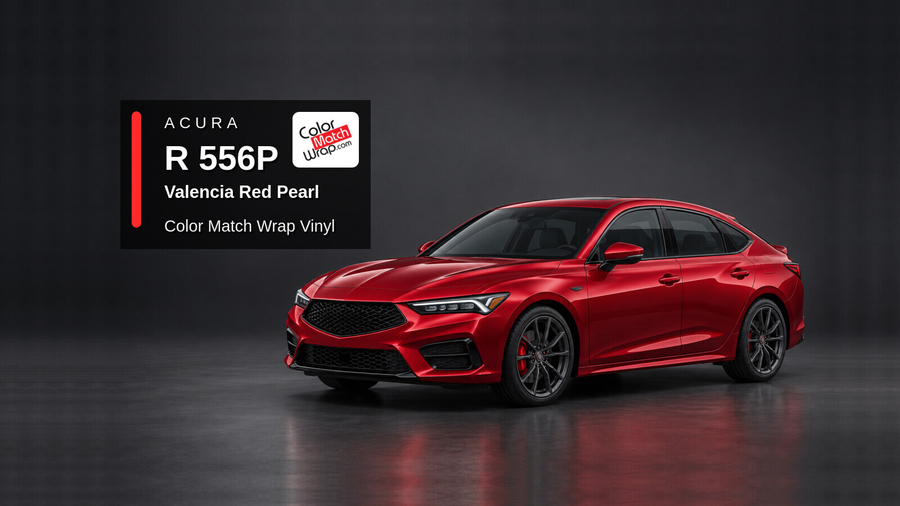 Illustrative Integra-inspired liftback in Acura R 556P Valencia Red Pearl with Color Match Wrap branding