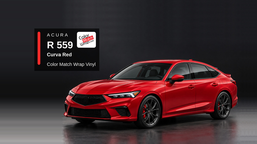 Illustrative Integra-inspired liftback in Acura R 559 Curva Red with Color Match Wrap branding