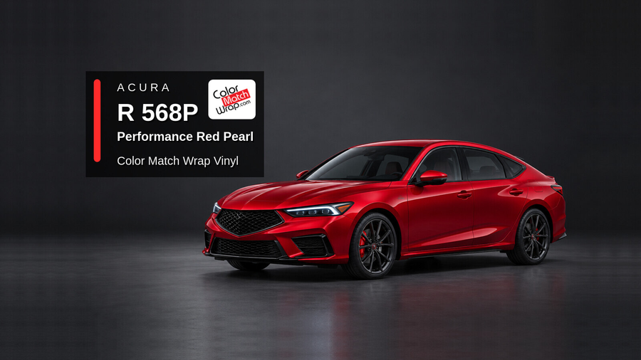 Illustrative Integra-inspired liftback in Acura R 568P Performance Red Pearl with Color Match Wrap branding