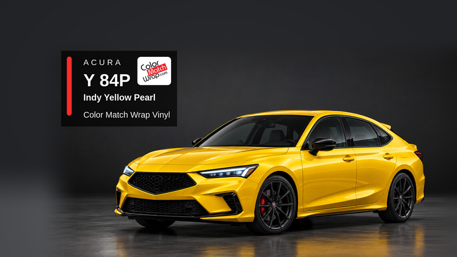 Illustrative Integra-inspired liftback in Acura Y 84P Indy Yellow Pearl with Color Match Wrap branding