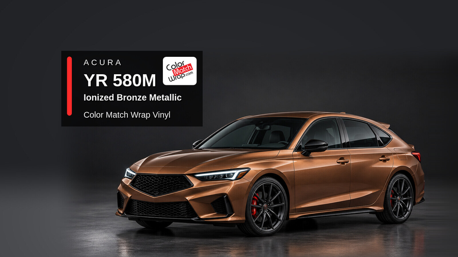 Illustrative Integra-inspired liftback in Acura YR 580M Ionized Bronze Metallic with Color Match Wrap branding
