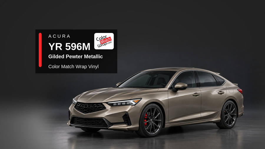 Illustrative Integra-inspired liftback in Acura YR 596M Gilded Pewter Metallic with Color Match Wrap branding