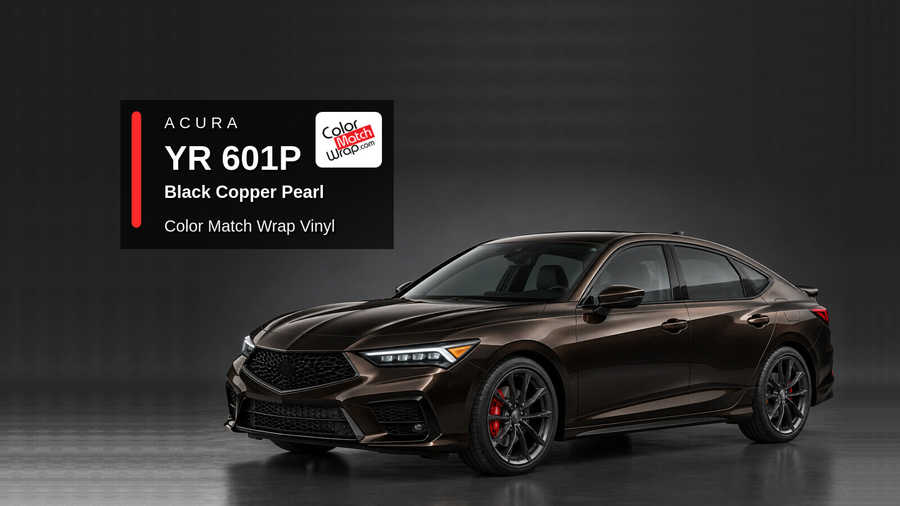 Illustrative Integra-inspired liftback in Acura YR 601P Black Copper Pearl with Color Match Wrap branding