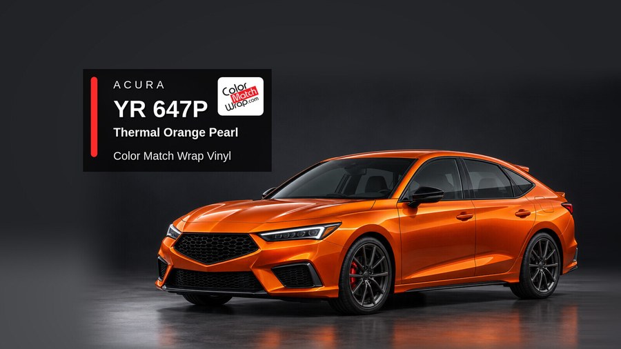 Illustrative Integra-inspired liftback in Acura YR 647P Thermal Orange Pearl with Color Match Wrap branding