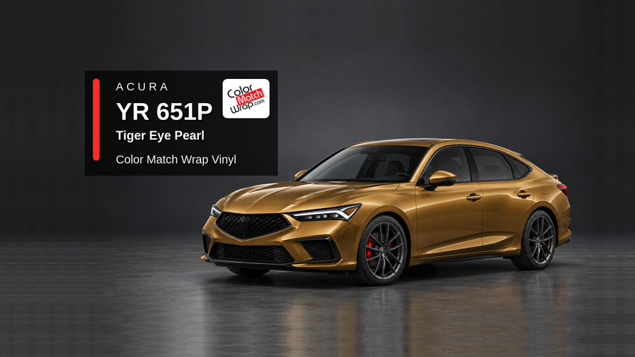 Illustrative Integra-inspired liftback in Acura YR 651P Tiger Eye Pearl with Color Match Wrap branding