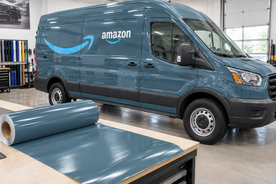 Amazon delivery van & a roll of repair Color Match Wrap vinyl, illustrating Squid Ink, also called Amazon Gray