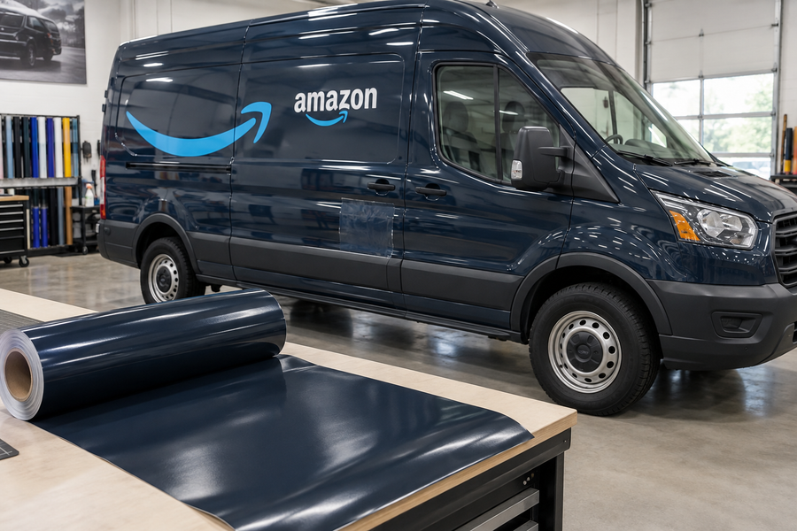 Concept image of an Amazon delivery van with a roll of repair vinyl for Squid Ink N9 Color Match Wrap