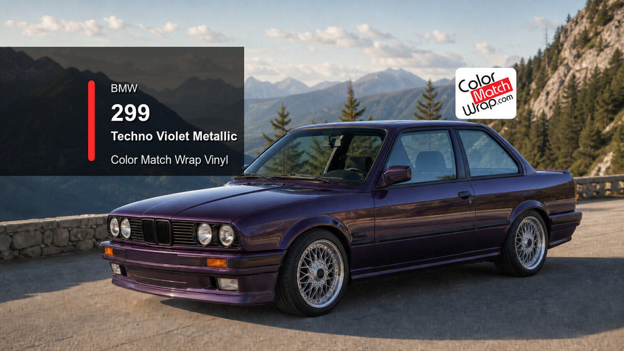 Generated badge-free E30-inspired two-door coupe presentation in BMW 299 Techno Violet Metallic for paint-code vinyl repair and restoration