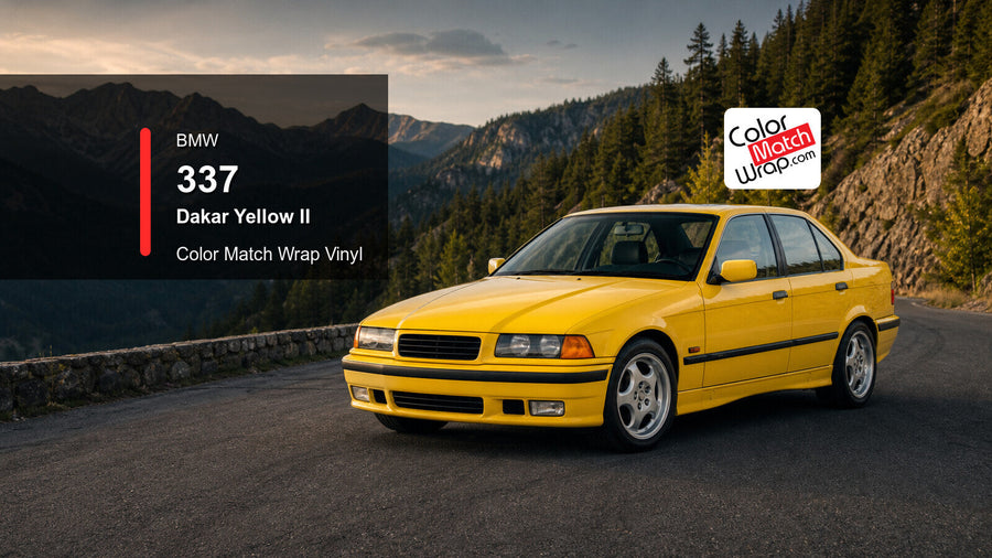 Generated badge-free E36-inspired four-door sports sedan presentation in BMW 337 Dakar Yellow II