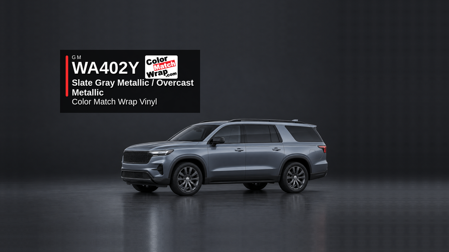 Generic full-size SUV in GM WA 402Y Slate Gray Metallic and Overcast Metallic with Color Match Wrap vinyl article branding