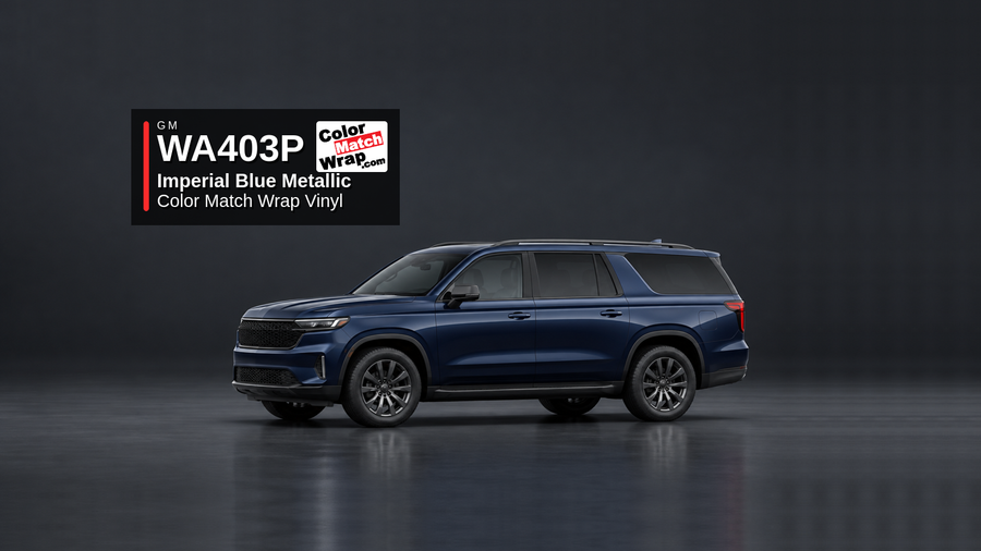 Generic full-size SUV in GM WA 403P Imperial Blue Metallic with Color Match Wrap vinyl article branding