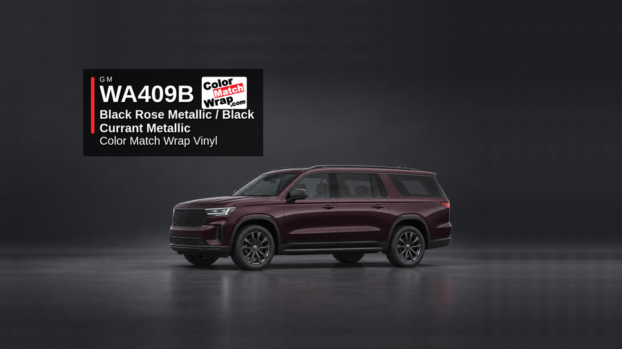 Generic full-size SUV in GM WA 409B Black Rose Metallic and Black Currant Metallic with Color Match Wrap vinyl article branding