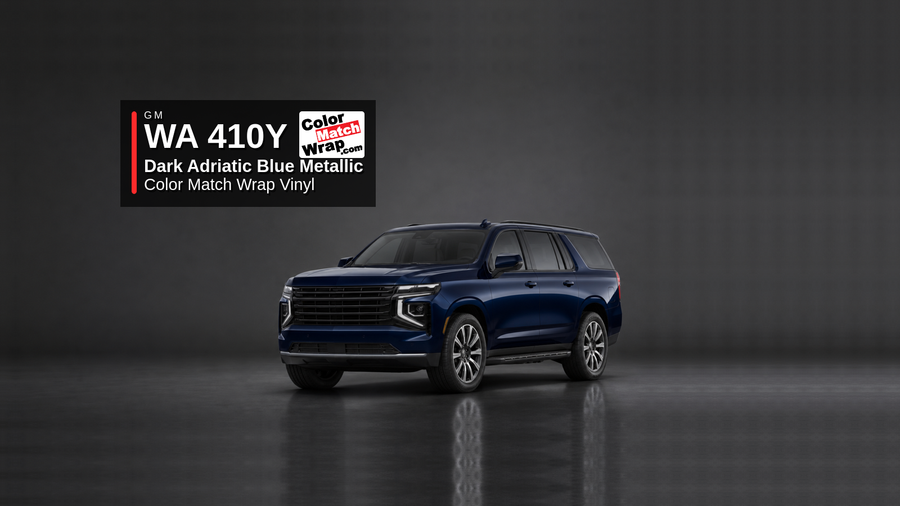 Generic full-size SUV in GM WA 410Y Dark Adriatic Blue Metallic and Blue Velvet Metallic with Color Match Wrap vinyl article branding