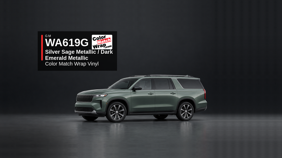 Generic full-size SUV in GM WA 619G Silver Sage Metallic and Dark Emerald Metallic with Color Match Wrap vinyl article branding