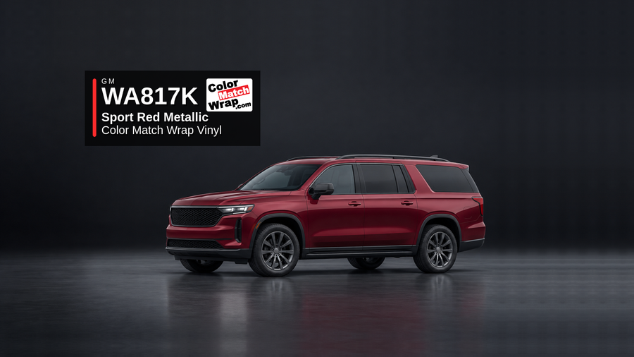 Generic full-size SUV in GM WA 817K Sport Red Metallic with Color Match Wrap vinyl article branding