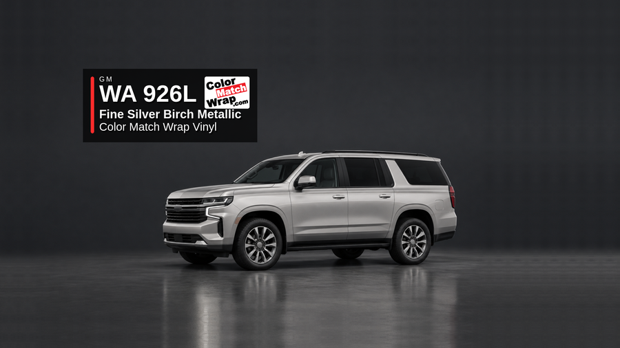 Generic full-size SUV in GM WA 926L Fine Silver Birch Metallic and Silver Birch Metallic with Color Match Wrap vinyl article branding