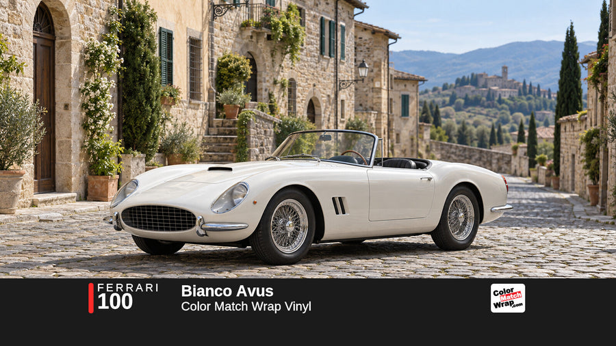 Illustrative 250 GT California-inspired spider in Ferrari 100 Bianco Avus with Color Match Wrap branding