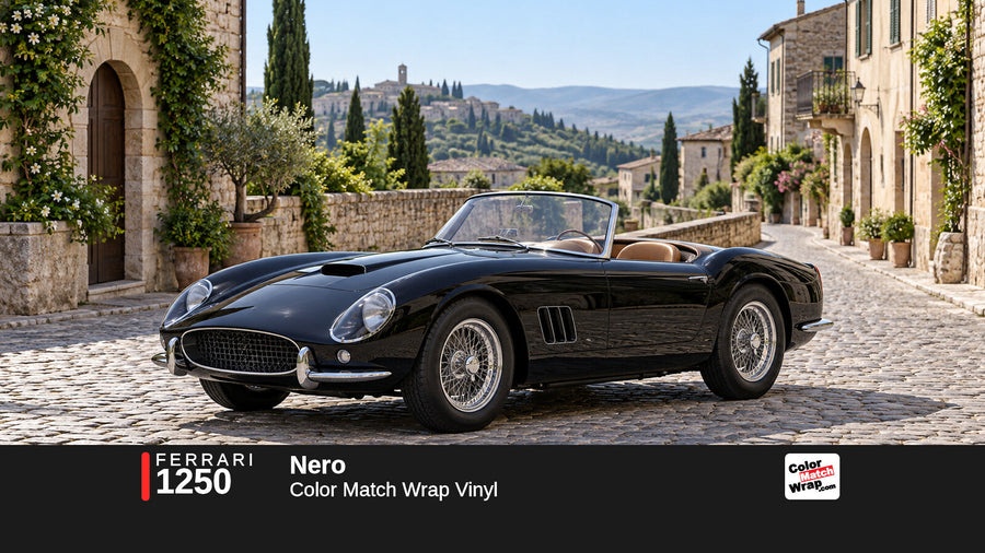 Illustrative 250 GT California-inspired spider in Ferrari 1250 Nero with Color Match Wrap branding