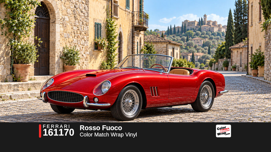 Illustrative 250 GT California-inspired spider in Ferrari 161170 Rosso Fuoco with Color Match Wrap branding