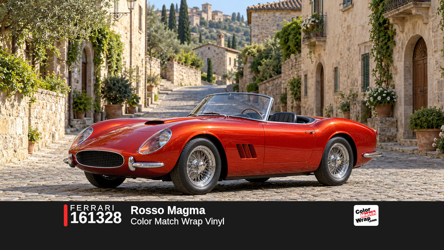 Illustrative 250 GT California-inspired spider in Ferrari 161328 Rosso Magma with Color Match Wrap branding