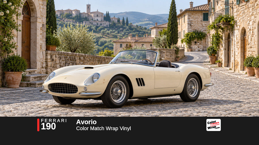 Illustrative 250 GT California-inspired spider in Ferrari 190 Avorio with Color Match Wrap branding