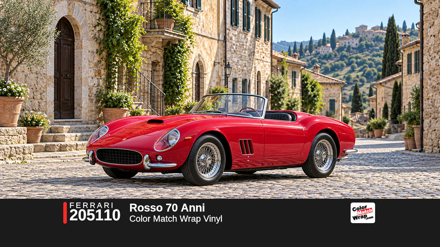 Illustrative 250 GT California-inspired spider in Ferrari 205110 Rosso 70 Anni with Color Match Wrap branding