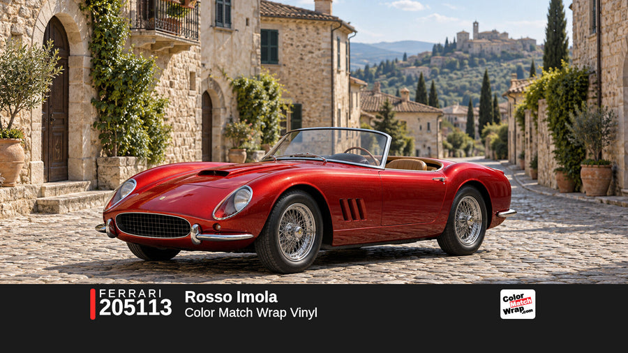 Illustrative 250 GT California-inspired spider in Ferrari 205113 Rosso Imola with Color Match Wrap branding