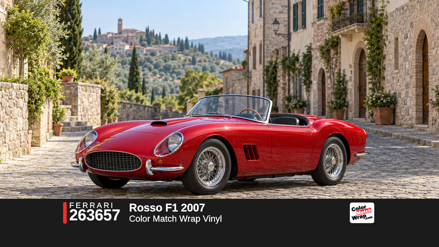 Illustrative 250 GT California-inspired spider in Ferrari 263657 Rosso F1 2007 with Color Match Wrap branding
