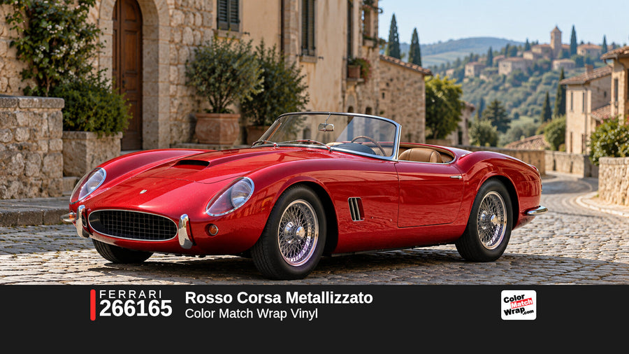 Illustrative 250 GT California-inspired spider in Ferrari 266165 Rosso Corsa Metallizzato with Color Match Wrap branding