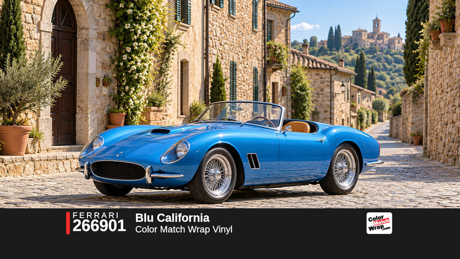 Illustrative 250 GT California-inspired spider in Ferrari 266901 Blu California with Color Match Wrap branding