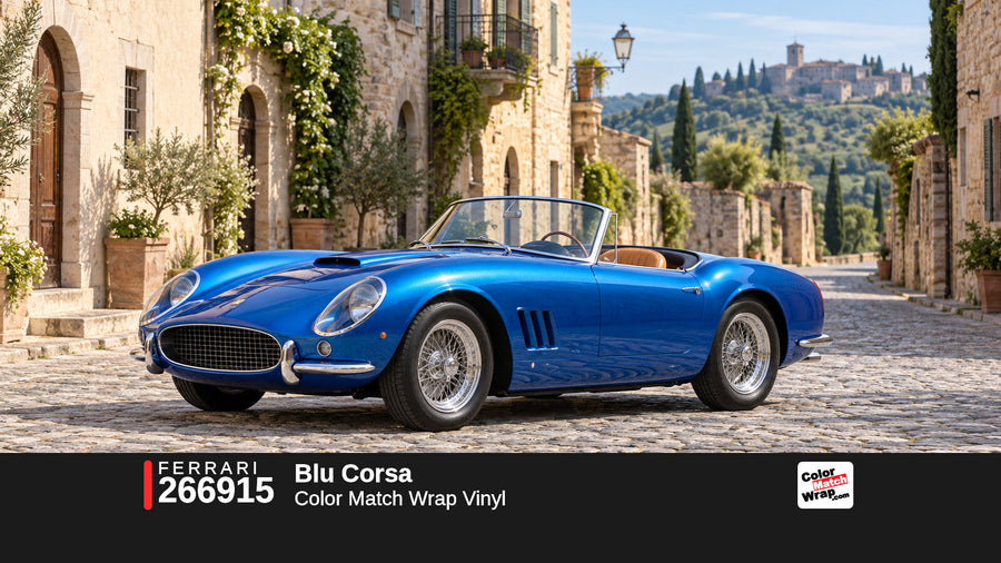 Illustrative 250 GT California-inspired spider in Ferrari 266915 Blu Corsa with Color Match Wrap branding