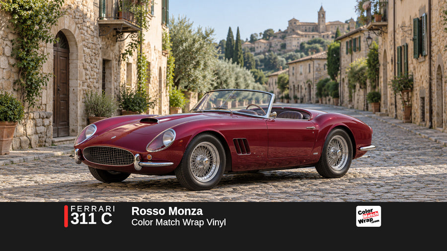 Illustrative 250 GT California-inspired spider in Ferrari 311 C Rosso Monza with Color Match Wrap branding