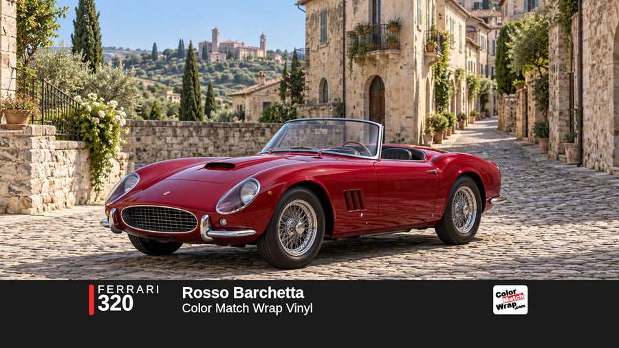 Illustrative 250 GT California-inspired spider in Ferrari 320 Rosso Barchetta with Color Match Wrap branding